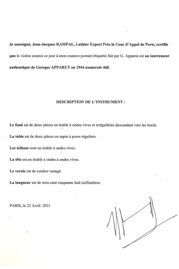 Georges Apparut バイオリンのRampalさんの鑑定証.jpg
